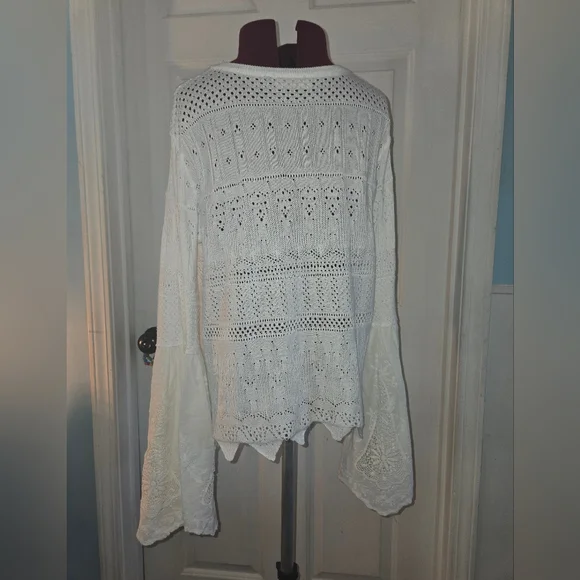 Altar'd State Bell Sleeve White Cotton Eyelet Crew Neck Scalloped Hem Sweater - Picture 3 of 8